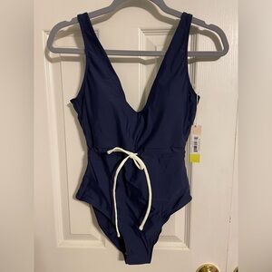 NWT Summersalt Navy Blue Tie Waist One Piece Swimsuit low back deep V-neck